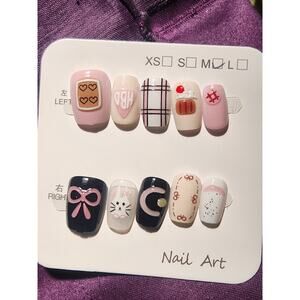 Pink and Black Plaid Bow Bunny Press On Nails- Reusable Size M